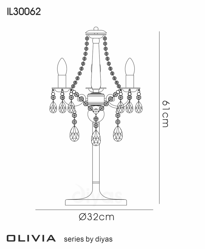 Diyas Olivia Table Lamp With Grey Shade 3 Light E14 Polished Chrome/Crystal • IL30062/GY