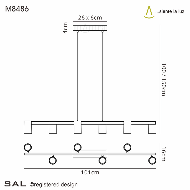 Mantra Fusion M8486 Sal 6 Light Linear Pendant Spotlight GU10, Satin Gold/Matt Black • M8486