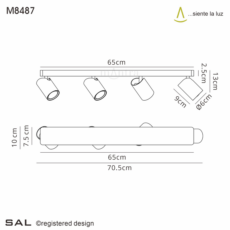 Mantra Fusion M8487 Sal Linear 4 Light Spotlight GU10, Satin Gold/Matt Black • M8487