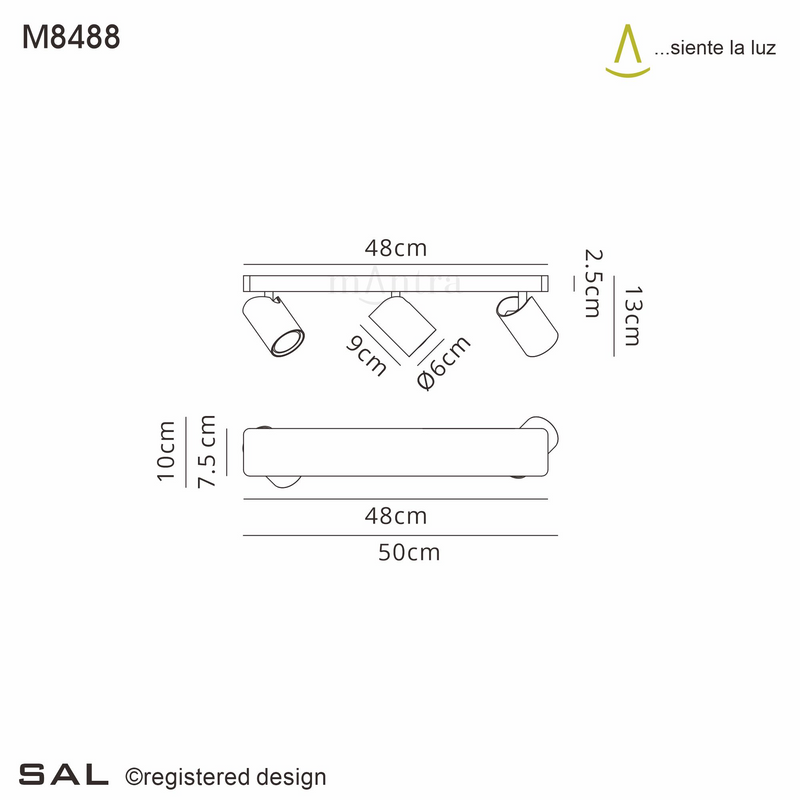 Mantra Fusion M8488 Sal Linear 3 Light Spotlight GU10, Satin Gold/Matt Black • M8488