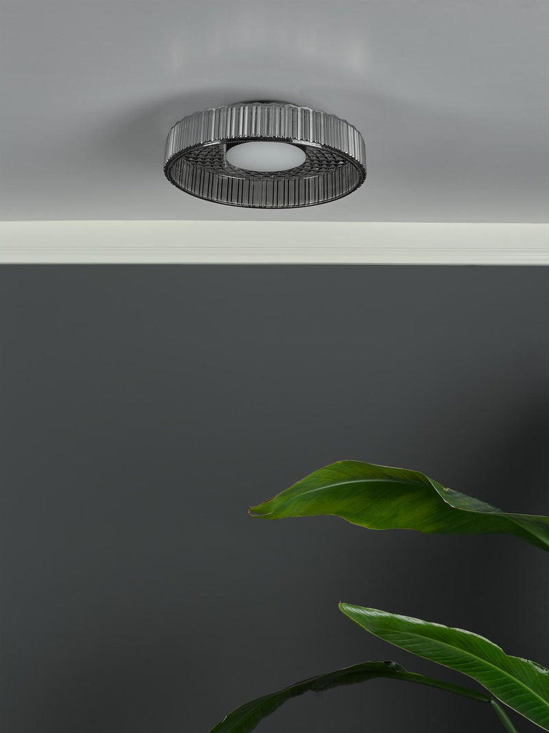 Dar Lighting Leena Flush Satin Black and Smoked Ribbed Glass LED • LEE5222