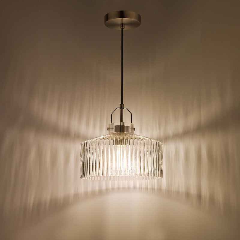 Dar Lighting Lenka Pendant Satin Nickel and Ribbed Glass • LEN0146