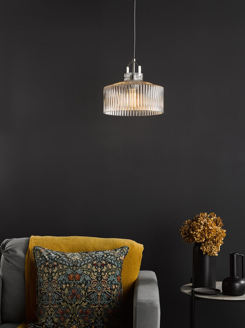 Dar Lighting Lenka Pendant Satin Nickel and Ribbed Glass • LEN0146