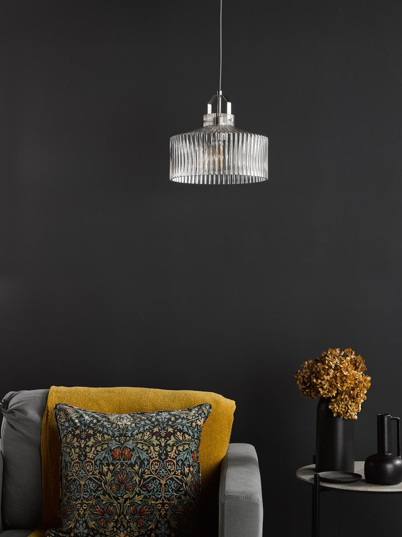Dar Lighting Lenka Pendant Satin Nickel and Ribbed Glass • LEN0146