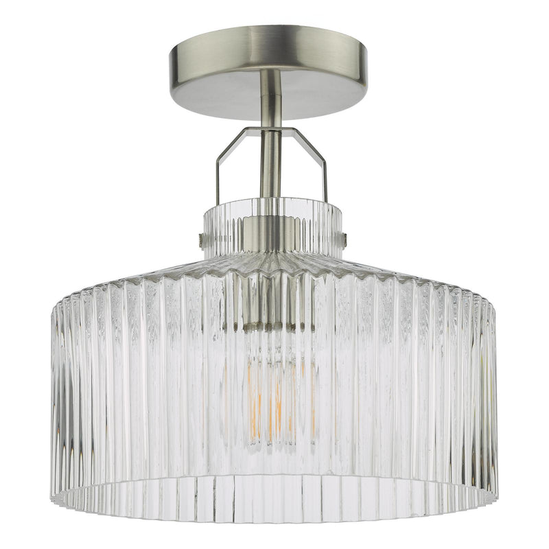 Dar Lighting Lenka Semi-Flush Satin Nickel and Ribbed Glass • LEN4846