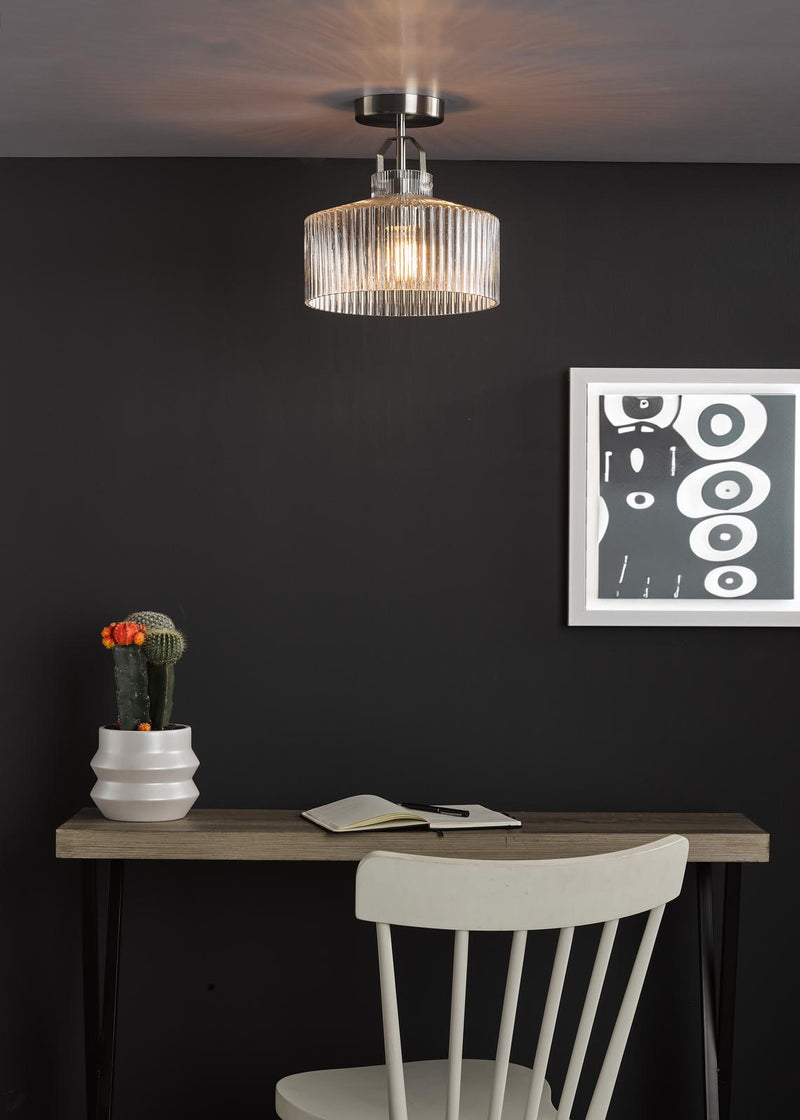 Dar Lighting Lenka Semi-Flush Satin Nickel and Ribbed Glass • LEN4846