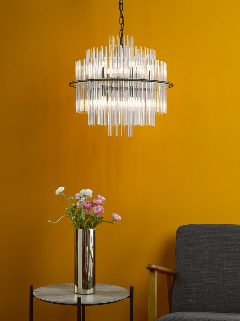 Dar Lighting Lukas 13 Light Pendant Satin Black and Glass • LUK1722