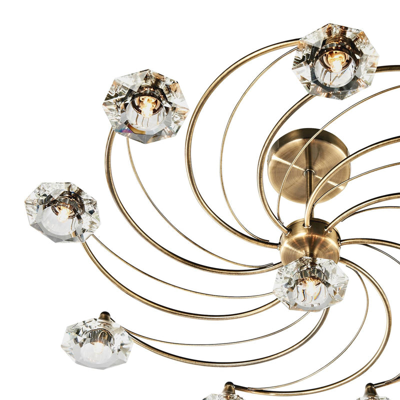 Dar Lighting Luther 10 Light Semi Flush Antique Brass Crystal • LUT2375