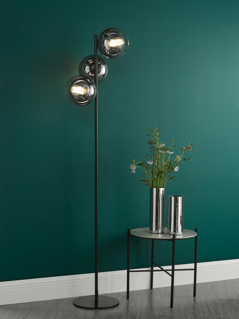 Dar Lighting Lycia 3 Light Floor Lamp Matt Black and Smoked Ombre Glass • LYC4922