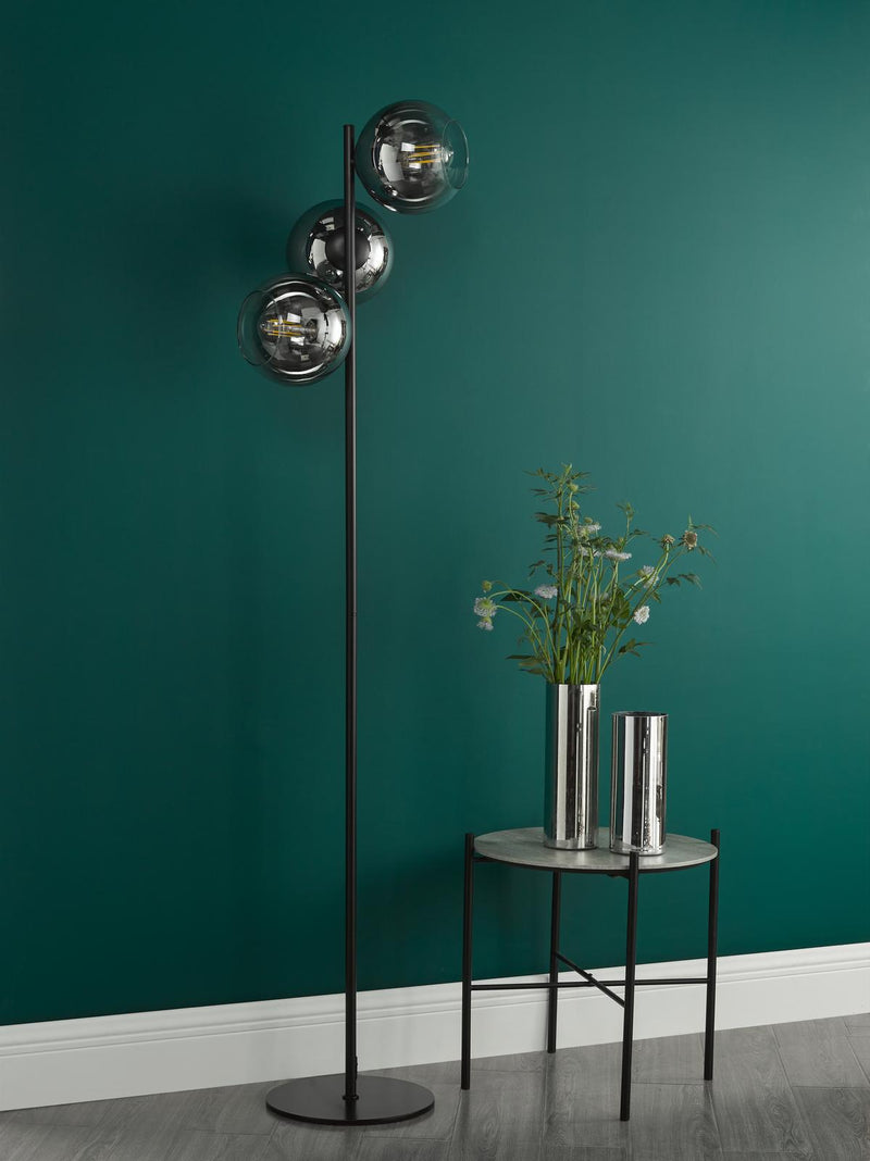 Dar Lighting Lycia 3 Light Floor Lamp Matt Black and Smoked Ombre Glass • LYC4922