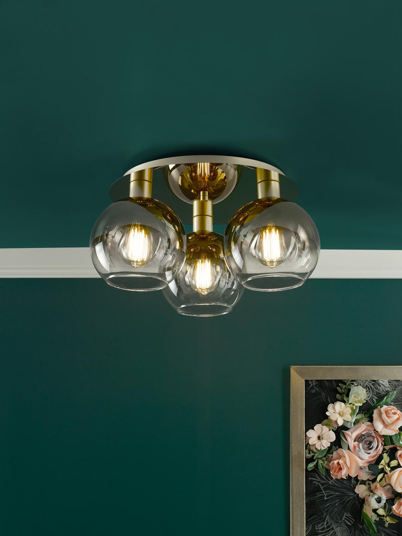 Dar Lighting Lycia 3 Light Flush Satin Gold and Gold Ombre Glass • LYC5335