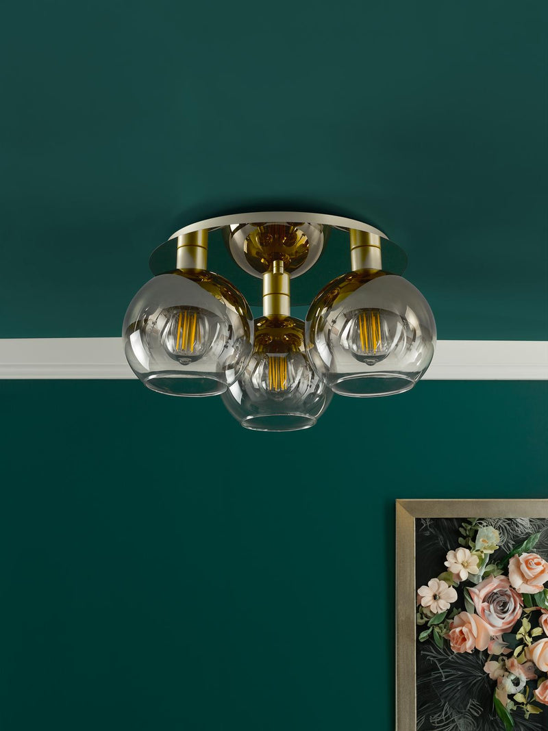 Dar Lighting Lycia 3 Light Flush Satin Gold and Gold Ombre Glass • LYC5335