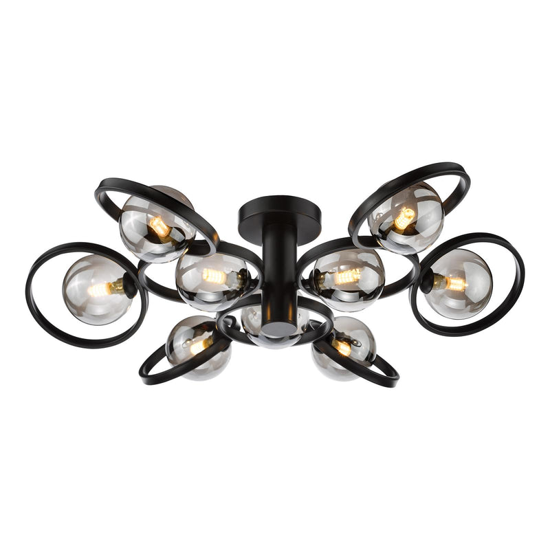 Dar Lighting Lynette 9 Light Semi-Flush Satin Black With Smoked Glass • LYN4822-01