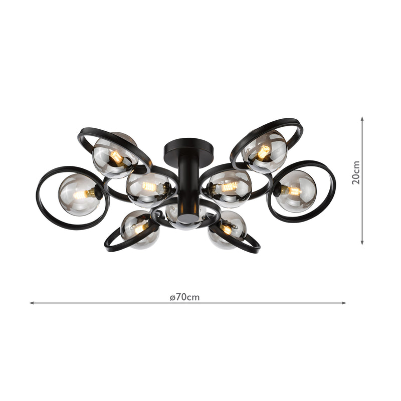 Dar Lighting Lynette 9 Light Semi-Flush Satin Black With Smoked Glass • LYN4822-01