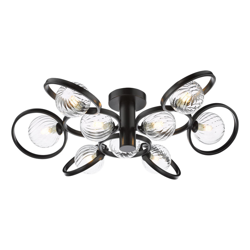 Dar Lighting Lynette 9 Light Semi-Flush Satin Black With Twisted Glass • LYN4822-03