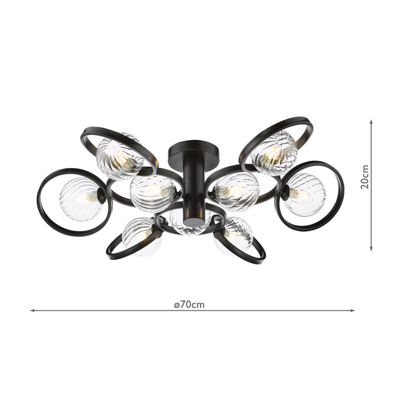 Dar Lighting Lynette 9 Light Semi-Flush Satin Black With Twisted Glass • LYN4822-03