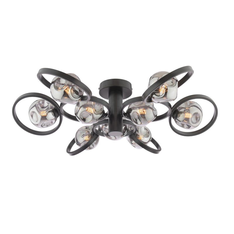 Dar Lighting Lynette 9 Light Semi-Flush Satin Black With Closed Organic Smoked Glass • LYN4822-28