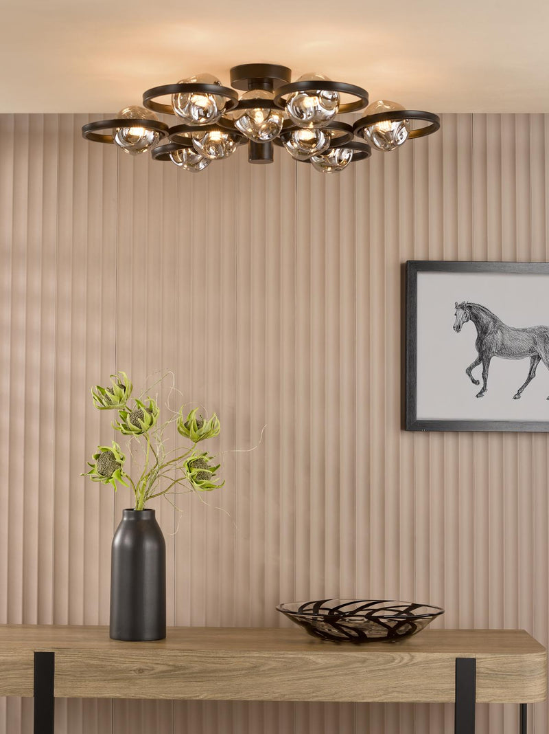 Dar Lighting Lynette 9 Light Semi-Flush Satin Black With Closed Organic Smoked Glass • LYN4822-28