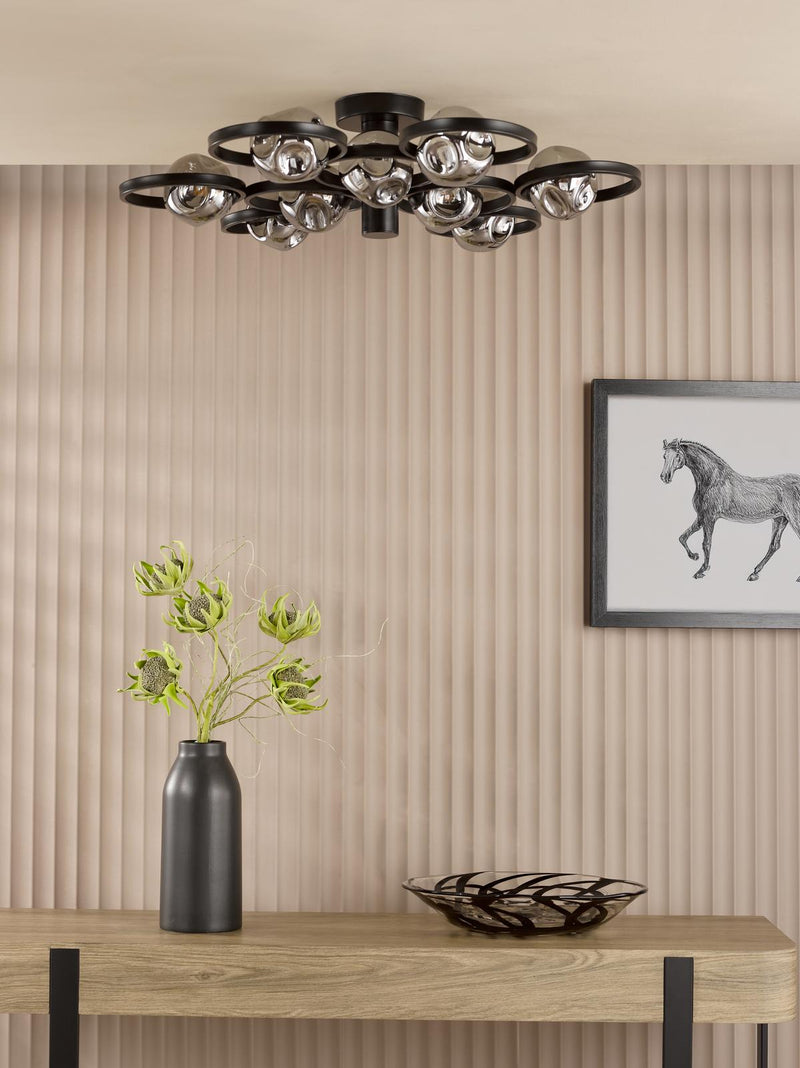 Dar Lighting Lynette 9 Light Semi-Flush Satin Black With Closed Organic Smoked Glass • LYN4822-28