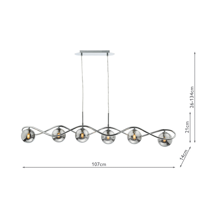 Dar Lighting Lysandra 6 Light Bar Pendant Polished Chrome and Smoked Glass • LYS6250