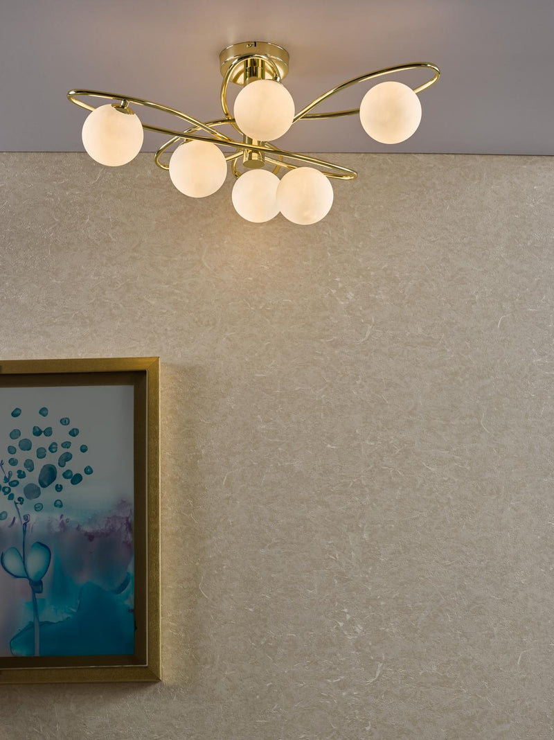Dar Lighting Lysandra 6 Light Semi-Flush Polished Gold and Opal Glass • LYS6435