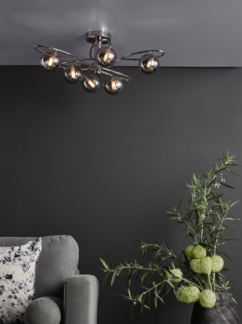 Dar Lighting Lysandra 6 Light Semi-Flush Polished Chrome and Smoked Glass • LYS6450