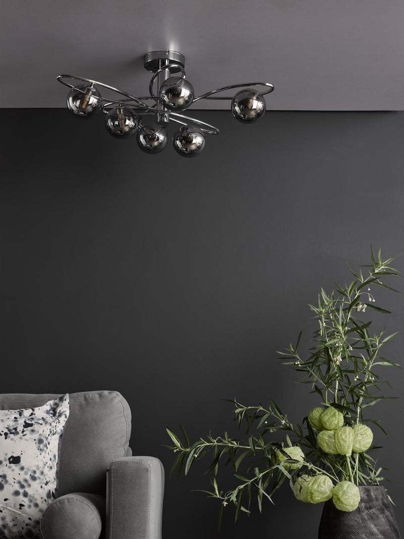 Dar Lighting Lysandra 6 Light Semi-Flush Polished Chrome and Smoked Glass • LYS6450