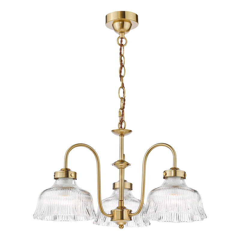 Dar Lighting Maude 3 Light Armed Pendant Natural Brass and Ribbed Glass • MAU0342