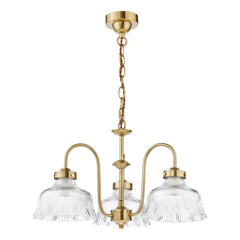 Dar Lighting Maude 3 Light Armed Pendant Natural Brass and Ribbed Glass • MAU0342