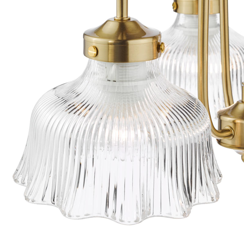 Dar Lighting Maude 3 Light Armed Pendant Natural Brass and Ribbed Glass • MAU0342