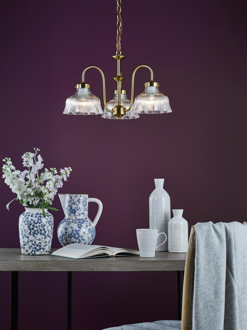Dar Lighting Maude 3 Light Armed Pendant Natural Brass and Ribbed Glass • MAU0342