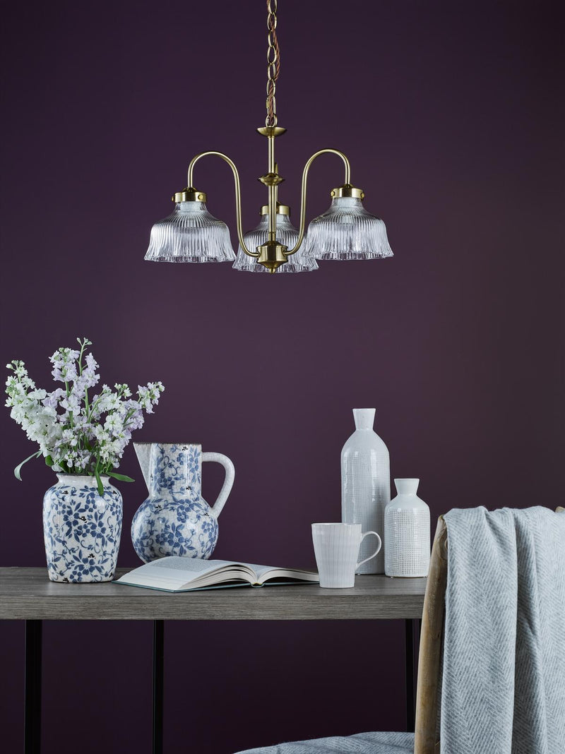 Dar Lighting Maude 3 Light Armed Pendant Natural Brass and Ribbed Glass • MAU0342