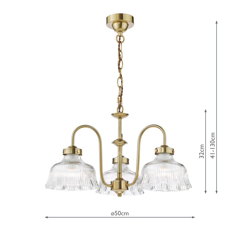 Dar Lighting Maude 3 Light Armed Pendant Natural Brass and Ribbed Glass • MAU0342