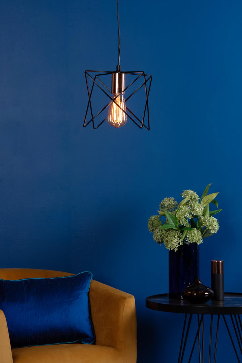 Dar Lighting Midi Cage Pendant Matt Black & Bright Copper • MID0122