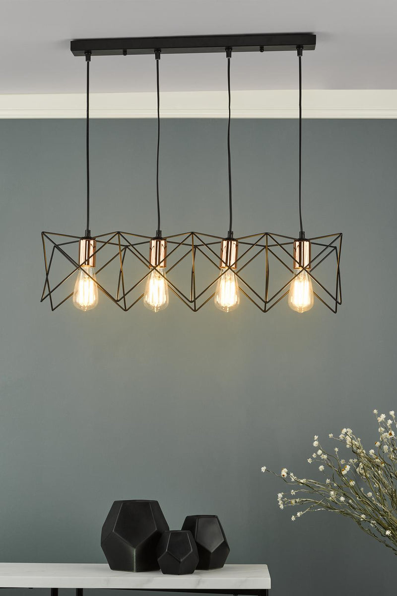 Dar Lighting Midi 4 Light Bar Pendant Black & Copper Detail • MID0422