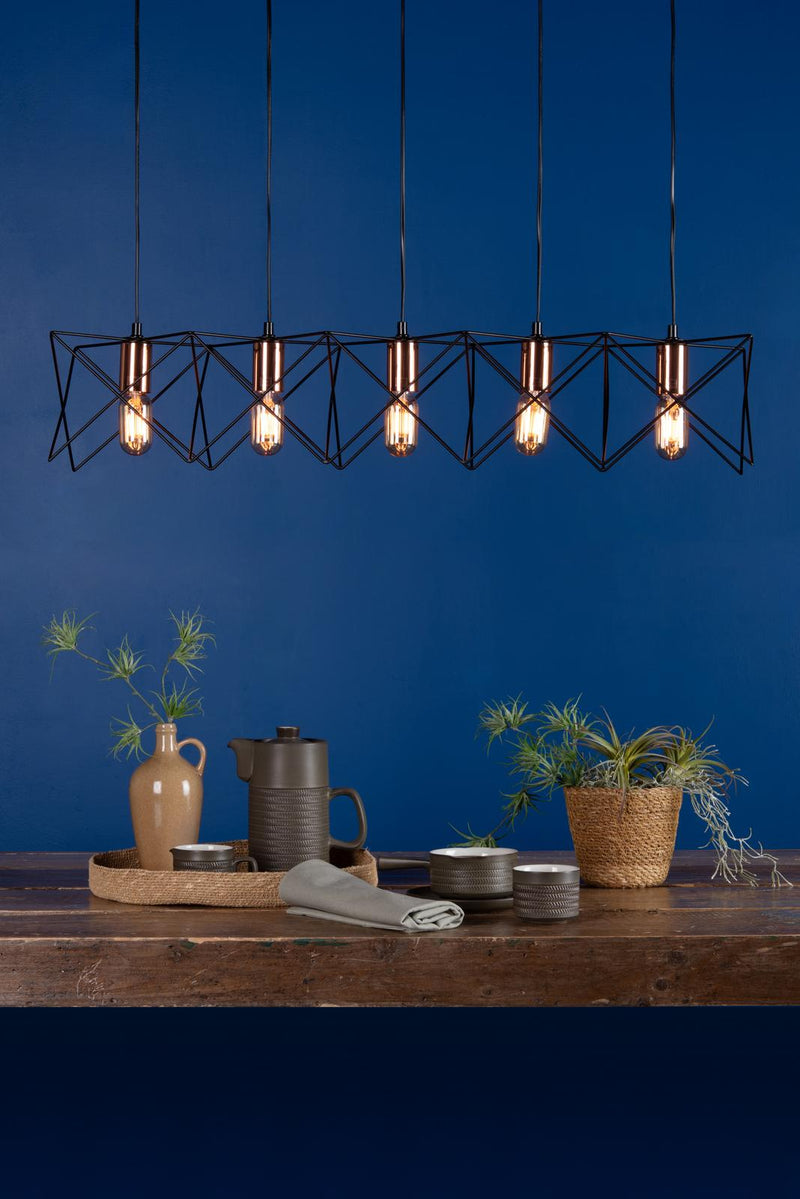 Dar Lighting Midi Cage 5 Light Bar Pendant Matt Black Bright & Copper • MID0522
