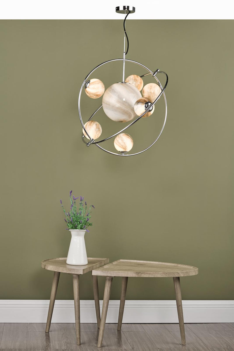 Dar Lighting Mikara 7 Light Pendant Polished Chrome Marble Effect Glass • MIK3450