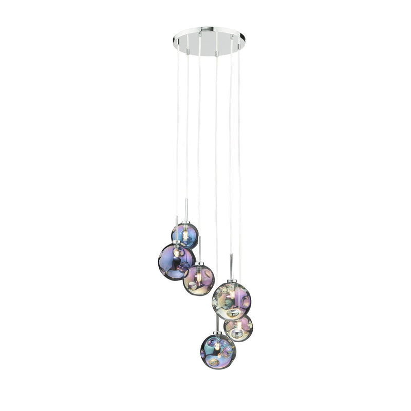 Dar Lighting Mira 6 Light Cluster Pendant Polished Chrome Iridised Glass • MIR0655