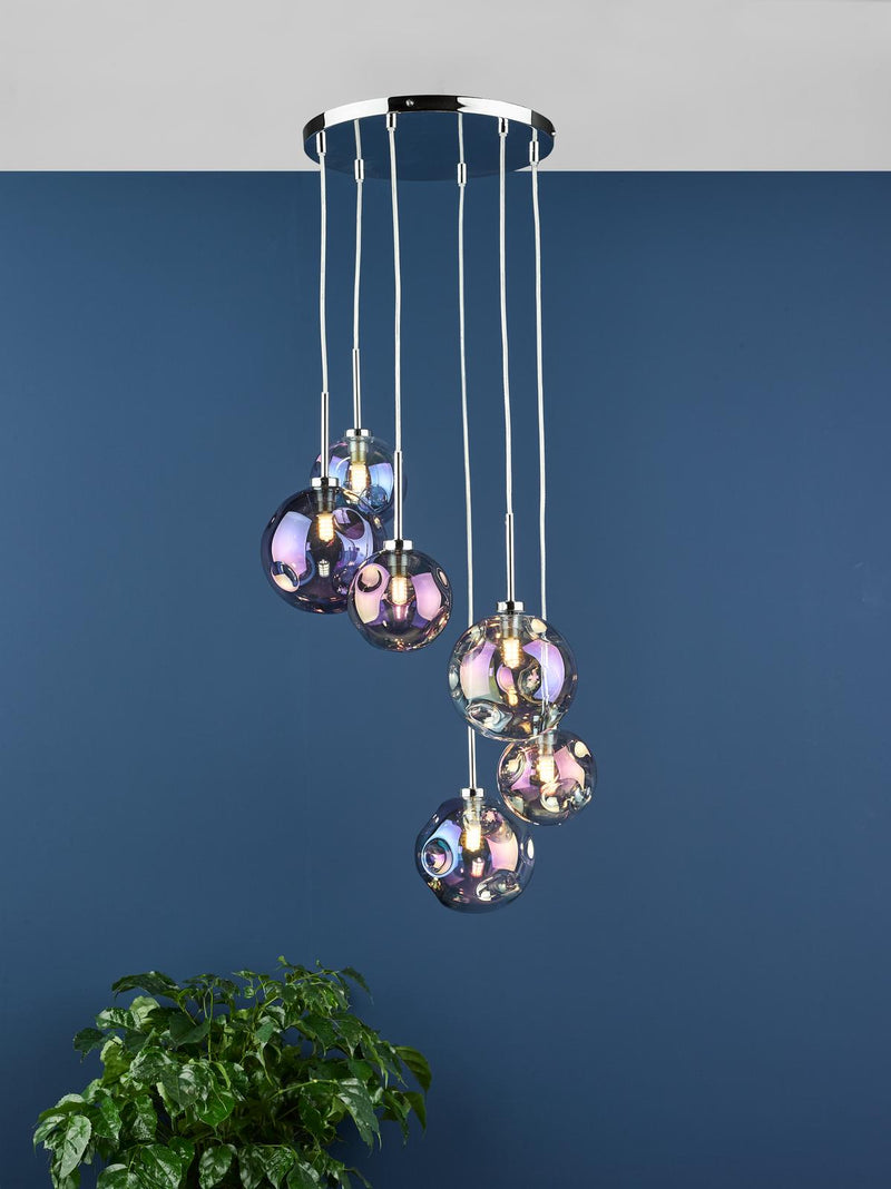 Dar Lighting Mira 6 Light Cluster Pendant Polished Chrome Iridised Glass • MIR0655