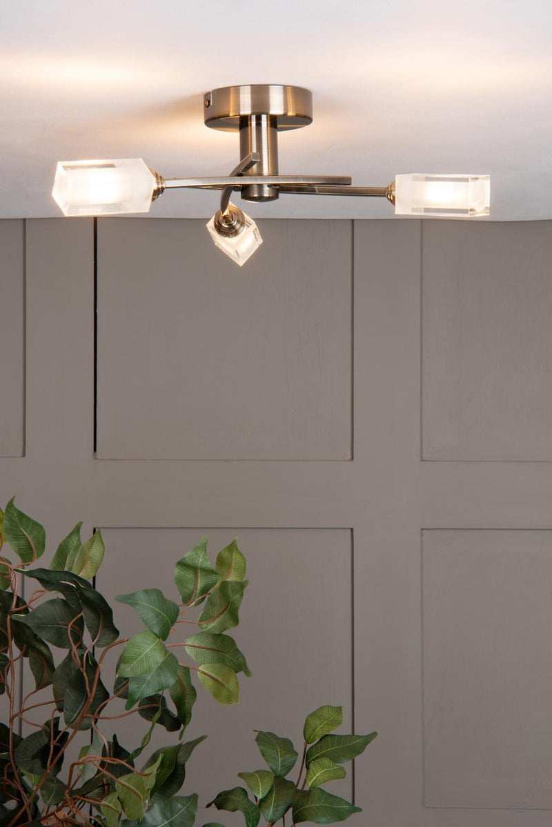 Dar Lighting Morgan 3 Light Semi Flush Antique Brass • MOR0375
