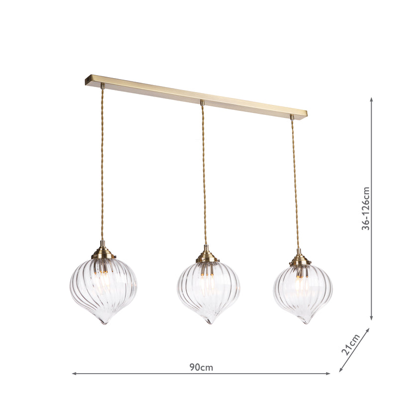 Dar Lighting Mya 3 Light Bar Pendant Antique Brass and Glass • MYA0375