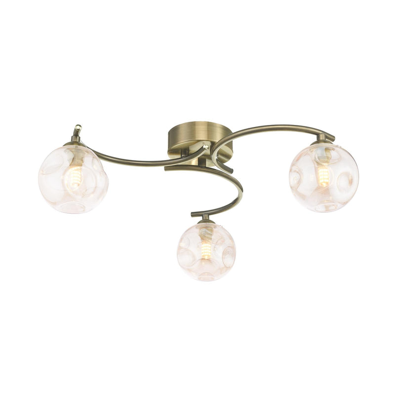 Dar Lighting Nakita 3 Light Semi Flush Antique Brass With Closed Organic Amber Glass • NAK5375-27