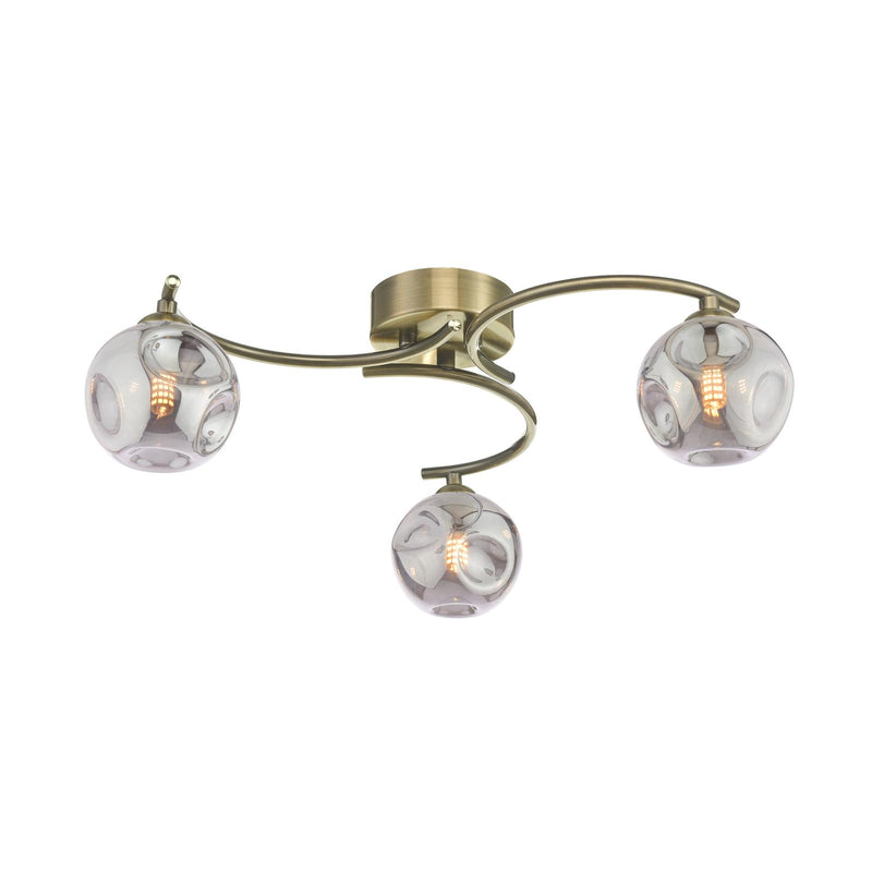 Dar Lighting Nakita 3 Light Semi Flush Antique Brass With Closed Organic Smoked Glass • NAK5375-28