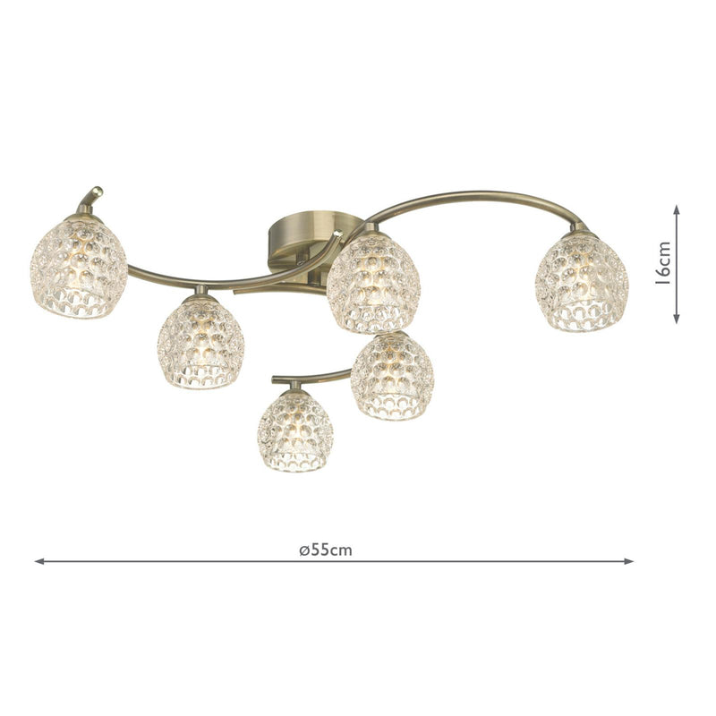 Dar Lighting Nakita 6 Light Semi Flush Antique Brass With Dimpled Open Glass • NAK6475-06