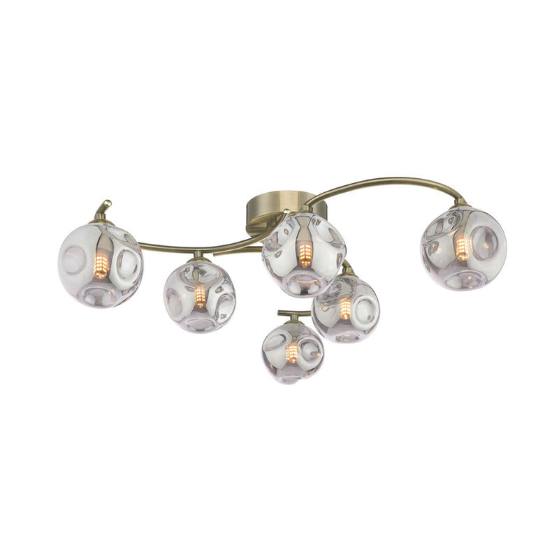 Dar Lighting Nakita 6 Light Semi Flush Antique Brass With Closed Organic Smoked Glass • NAK6475-28