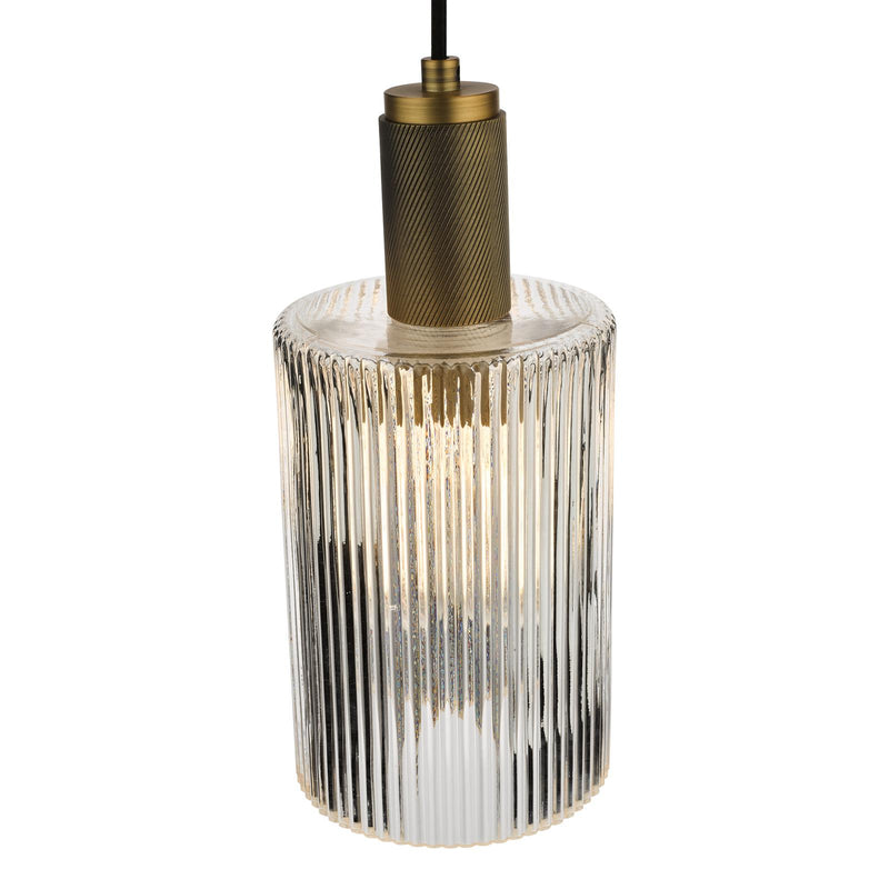 Dar Lighting Nikolas Pendant Natural Solid Brass Ribbed Cylinder Glass  • NIK0140-E01