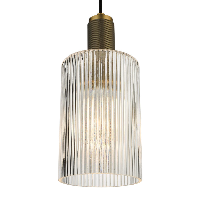 Dar Lighting Nikolas Pendant Natural Solid Brass Ribbed Cylinder Glass  • NIK0140-E01