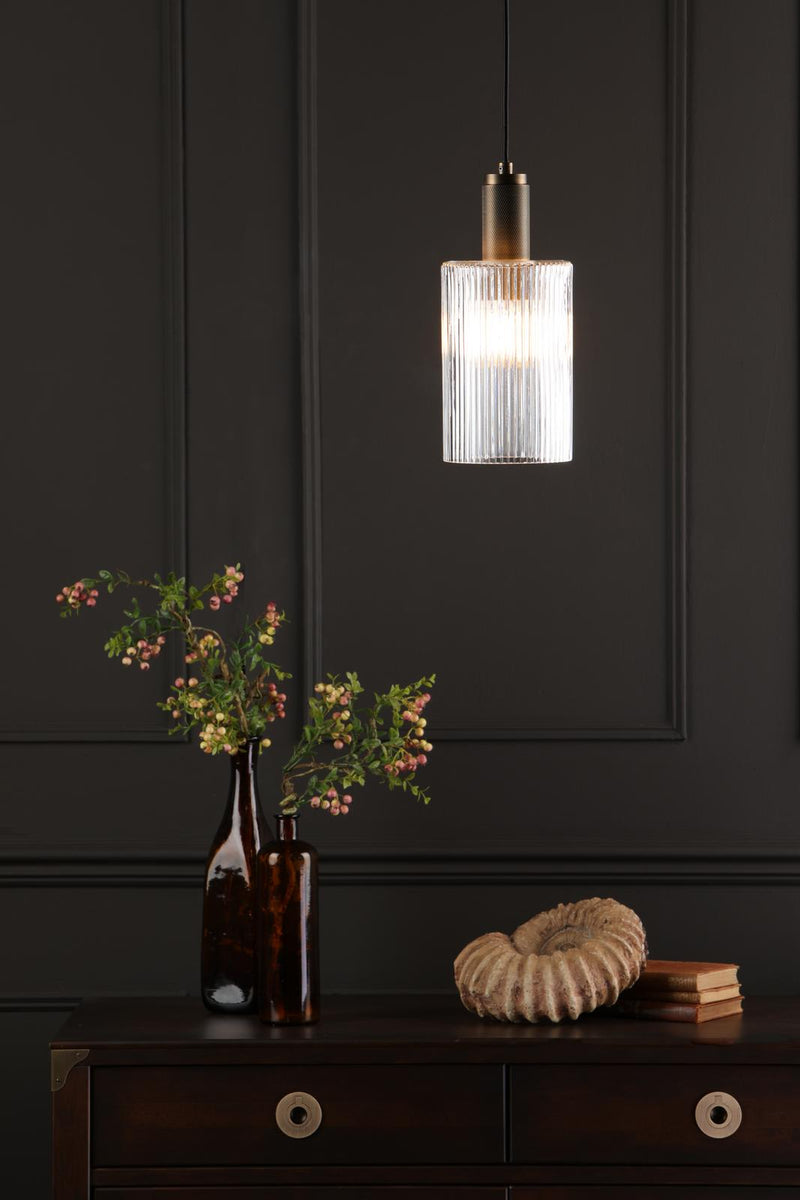 Dar Lighting Nikolas Pendant Natural Solid Brass Ribbed Cylinder Glass  • NIK0140-E01