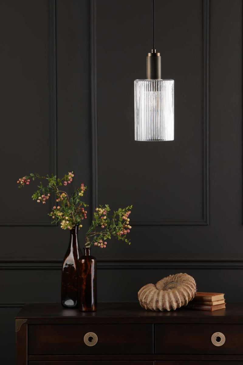 Dar Lighting Nikolas Pendant Natural Solid Brass Ribbed Cylinder Glass  • NIK0140-E01