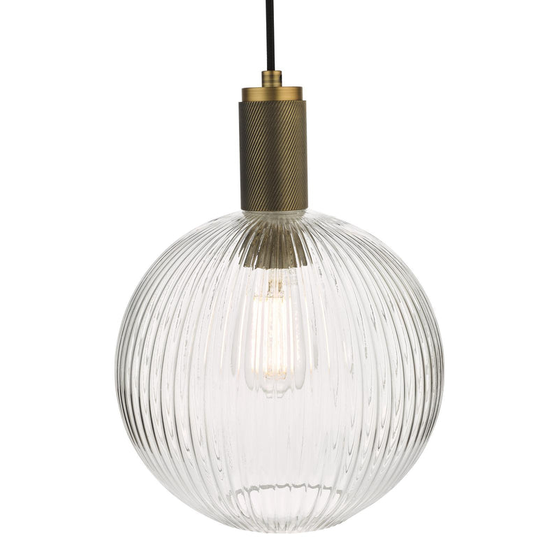 Dar Lighting Nikolas Pendant Natural Solid Brass Ribbed Round Glass  • NIK0140-E02